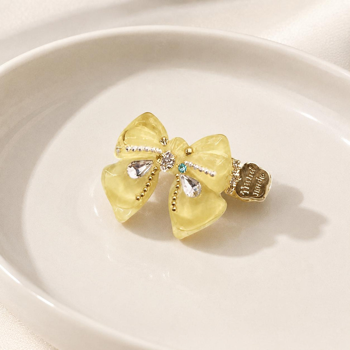 Yellow Bow Hair Clip, Marble Acetate Ribbon Barrette, Crystal Teardrop Alligator Pinch, Whimsical Y2K Coquette Preppy Hair Accessories
