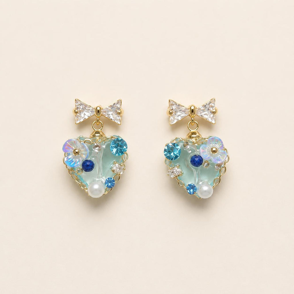 Mint Green Heart Earrings, Dainty Gold Bow Studs, Blue Crystal Pearl Heart Charms, Whimsical Shimmering Jewelry, Romantic Gift for Her