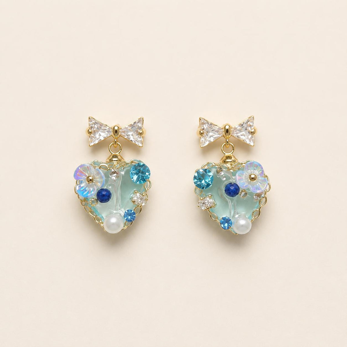Mint Green Heart Earrings, Dainty Gold Bow Studs, Blue Crystal Pearl Heart Charms, Whimsical Shimmering Jewelry, Romantic Gift for Her