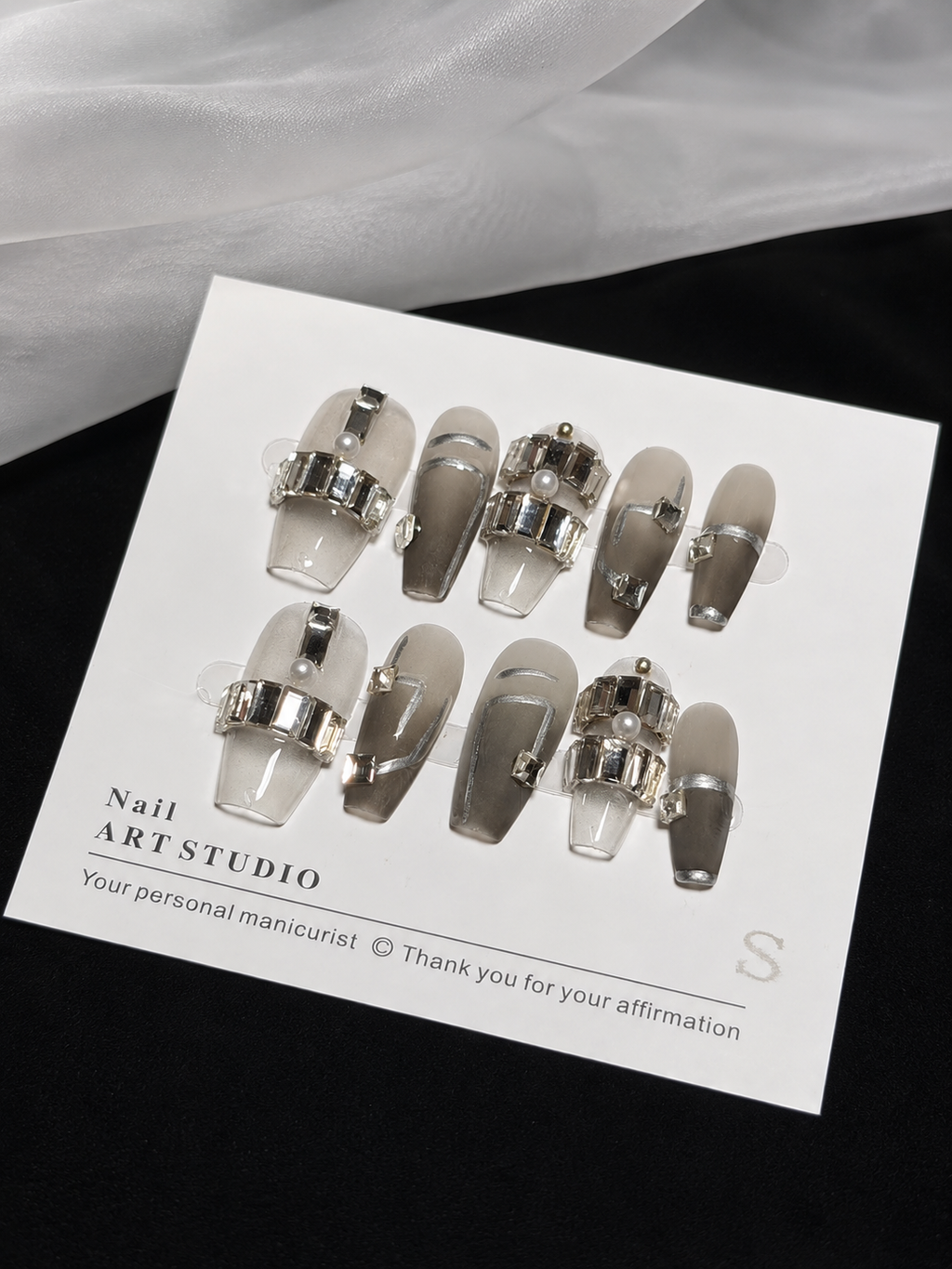 Crystal Edge – Smoky Grey Rhinestone Press-On Nails NO.16