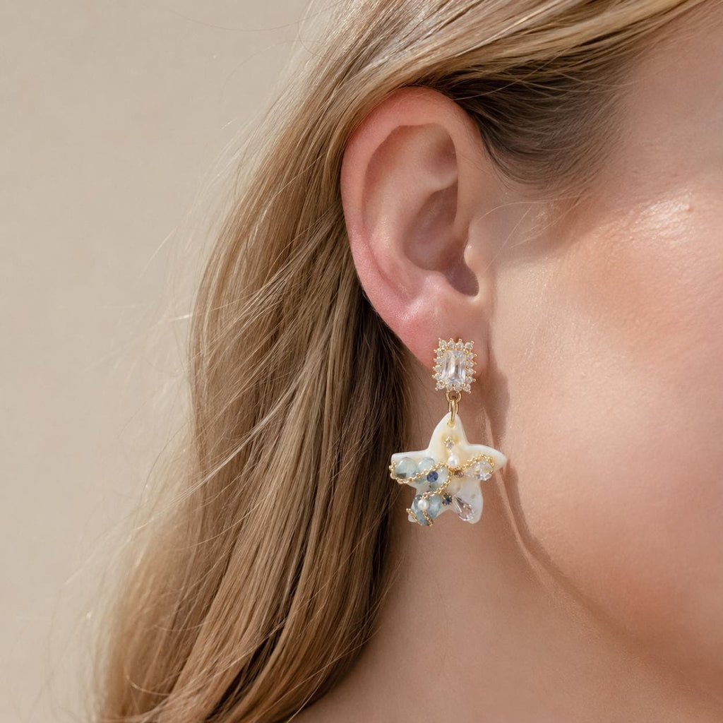 Starfish Pearl Drop Earrings, Emerald Crystal Stud Earrings, Aquamarine Ocean Inspired Jewelry, Beach Gift for Her