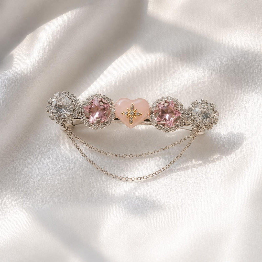 Pink Heart Star Hair Clip, Silver Chain Barrette, Pastel Rhinestone Medallion Pinch, Whimsical Y2K Celestial Magical Girl Accessories