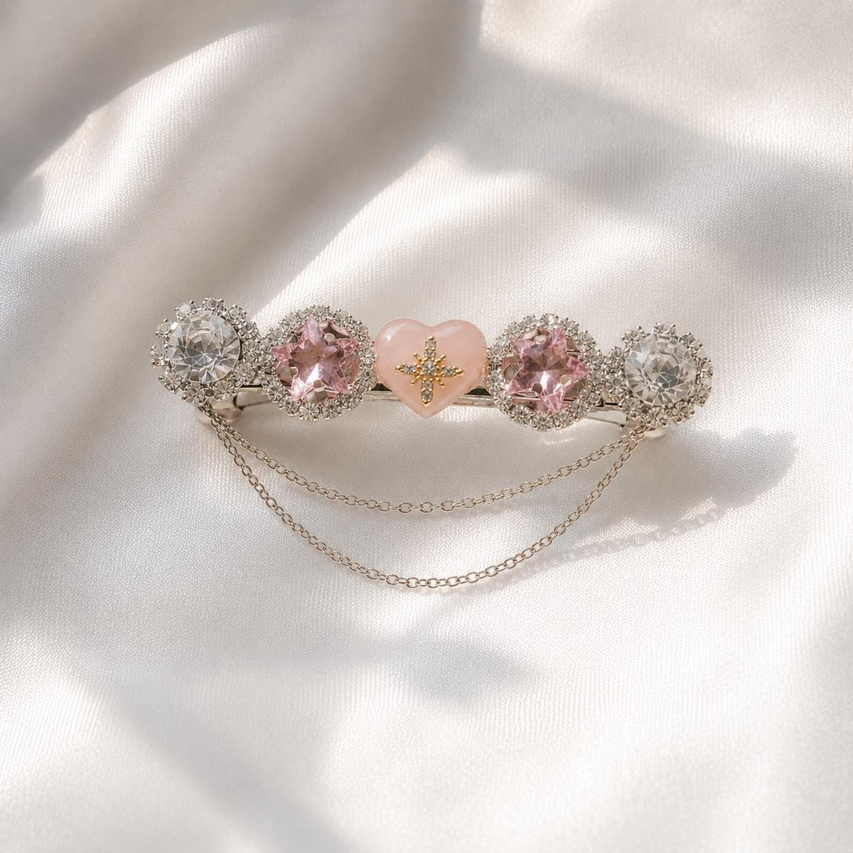 Pink Heart Star Hair Clip, Silver Chain Barrette, Pastel Rhinestone Medallion Pinch, Whimsical Y2K Celestial Magical Girl Accessories