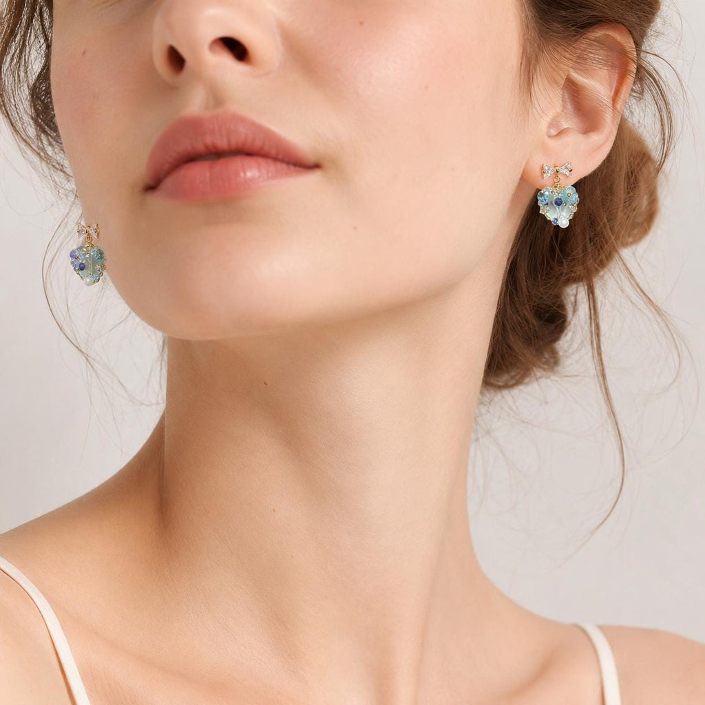 Mint Green Heart Earrings, Dainty Gold Bow Studs, Blue Crystal Pearl Heart Charms, Whimsical Shimmering Jewelry, Romantic Gift for Her