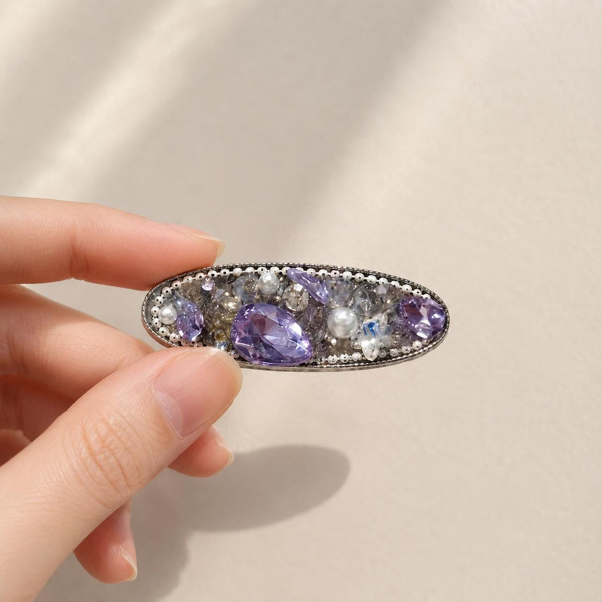 Purple Crystal Barrette, Amethyst Resin Hair Clip, Oval Silver Mosaic Alligator Pinch, Whimsical Vintage Elven Fairycore Hair Accessories