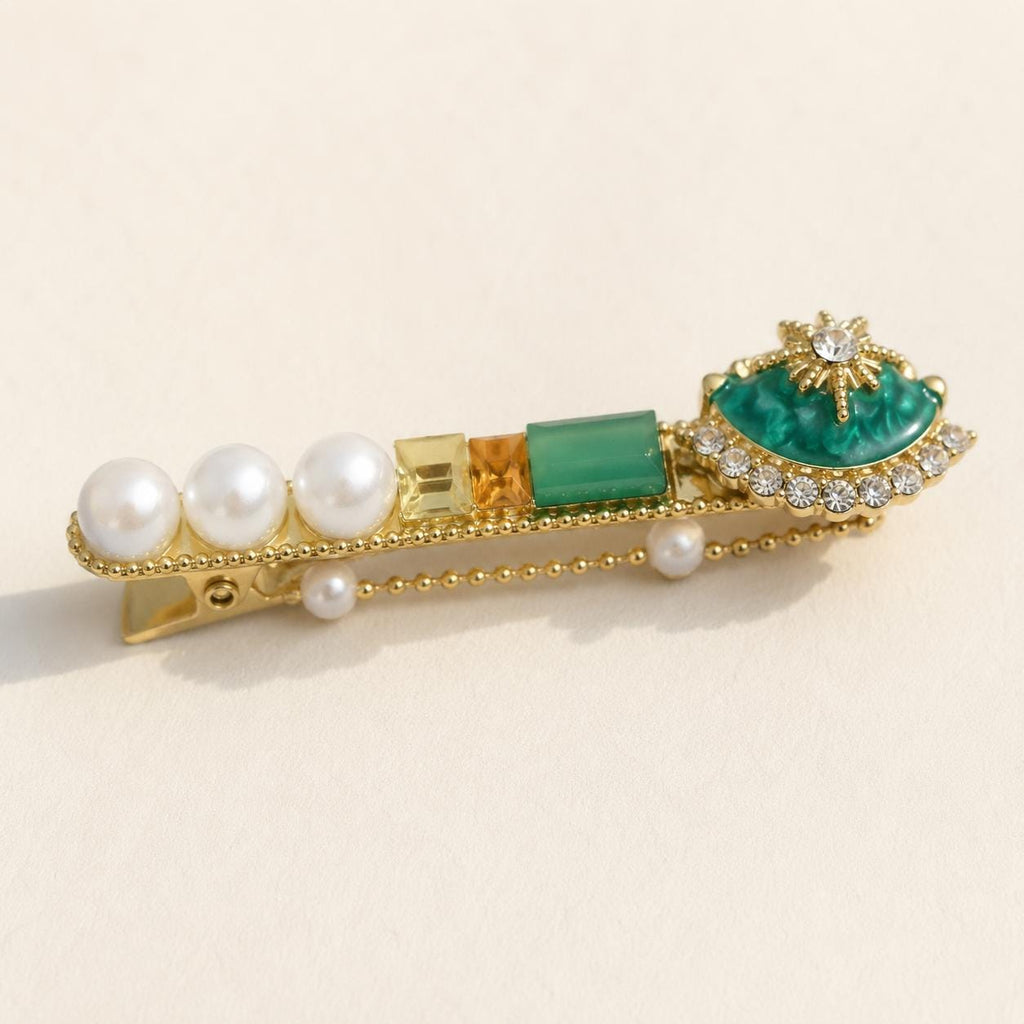 Emerald Green Baroque Pearl Hair Clip, Vintage Gold Geometric Barrette, Elegant French Style Hair Accessory, Gift for Her