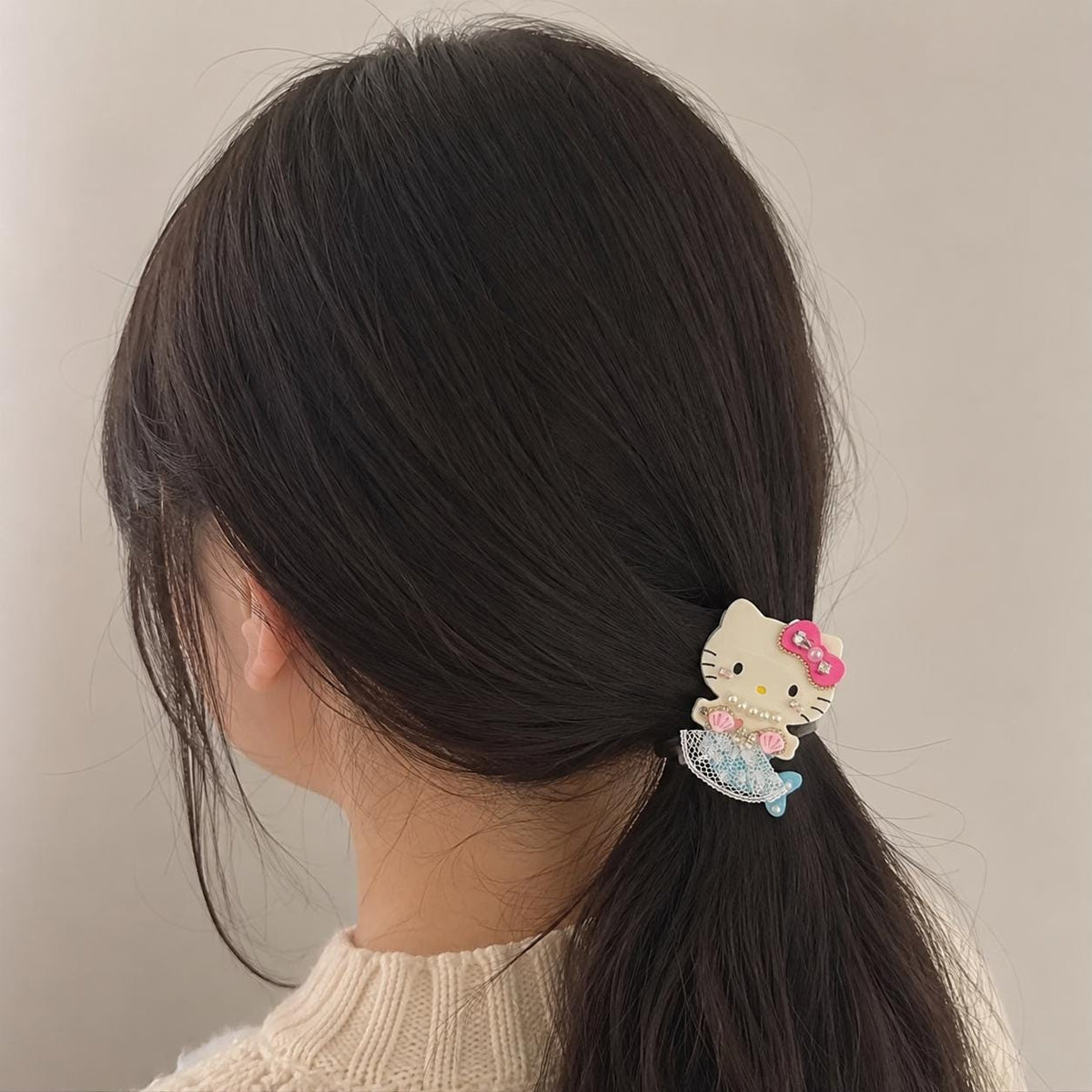 Kawaii Kitten Mermaid Hair Clip, Pink Bow Seashell Barrette, Cute Coquette Hair Accessory, Gift for Her