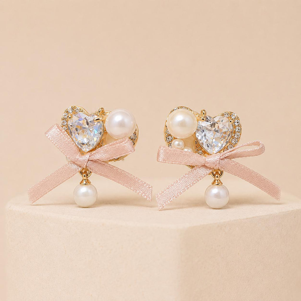 Pink Ribbon Bow Heart Earrings, Crystal Pearl Drop Earrings, Cute Balletcore Coquette Jewelry, Romantic Gift for Her