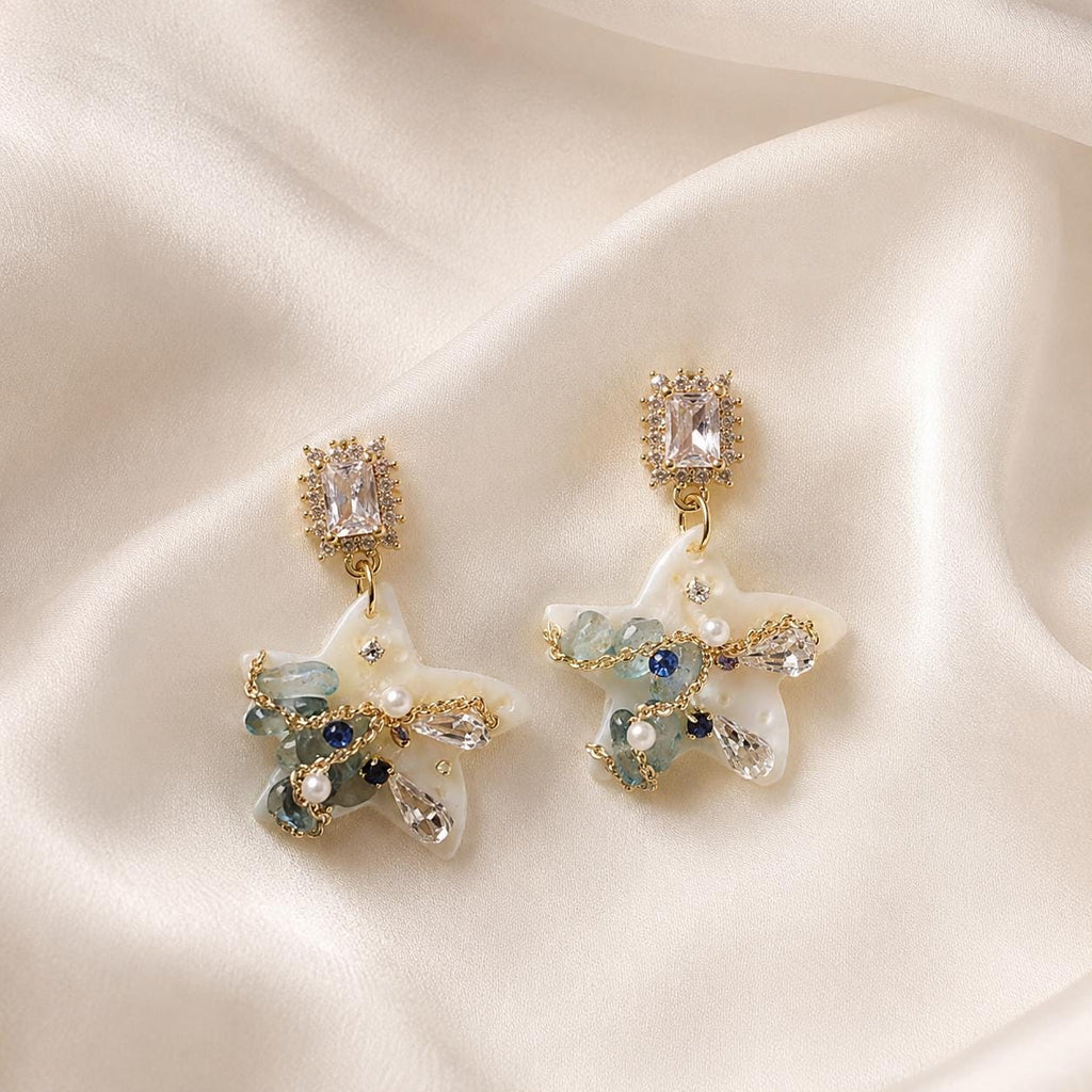Starfish Pearl Drop Earrings, Emerald Crystal Stud Earrings, Aquamarine Ocean Inspired Jewelry, Beach Gift for Her