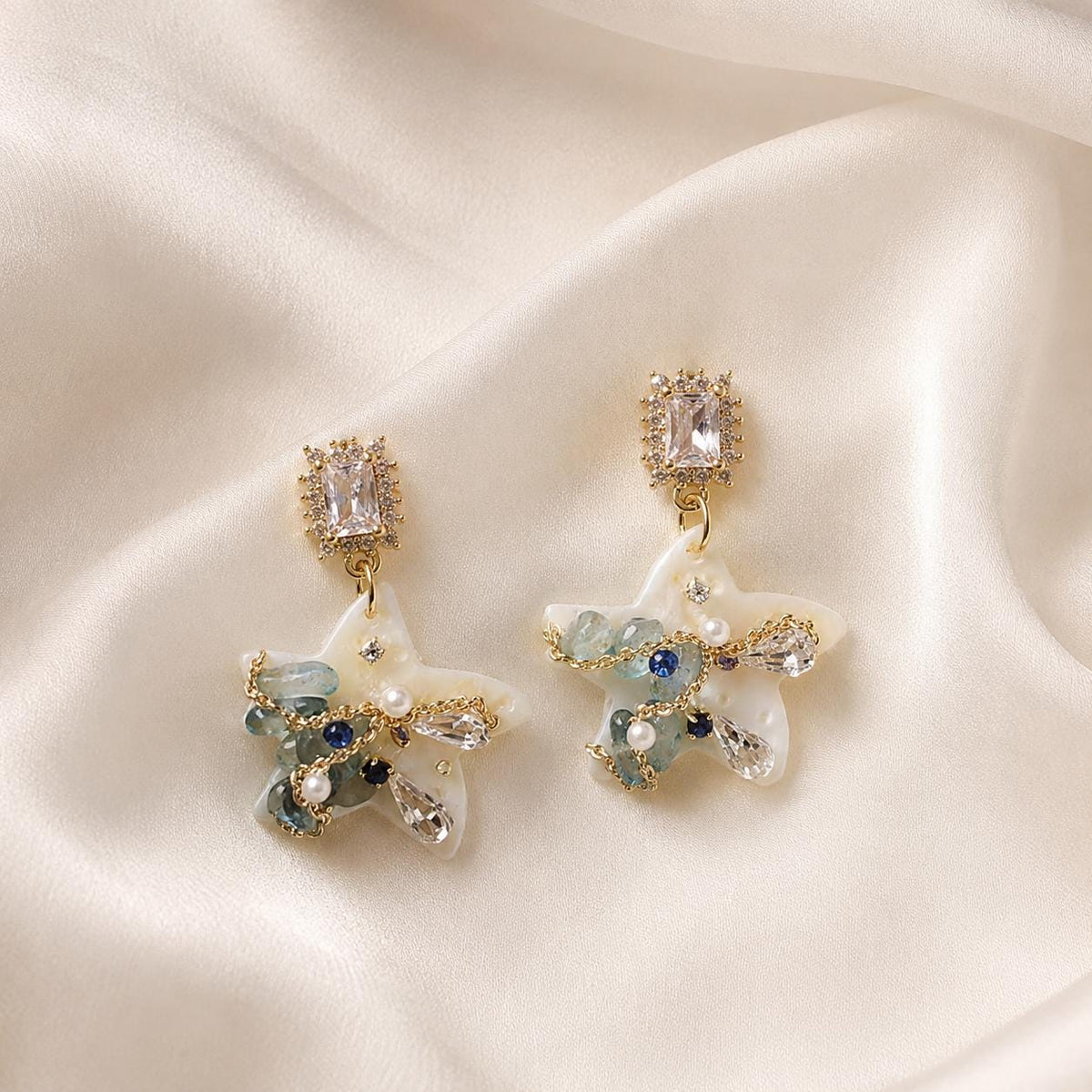 Starfish Pearl Drop Earrings, Emerald Crystal Stud Earrings, Aquamarine Ocean Inspired Jewelry, Beach Gift for Her