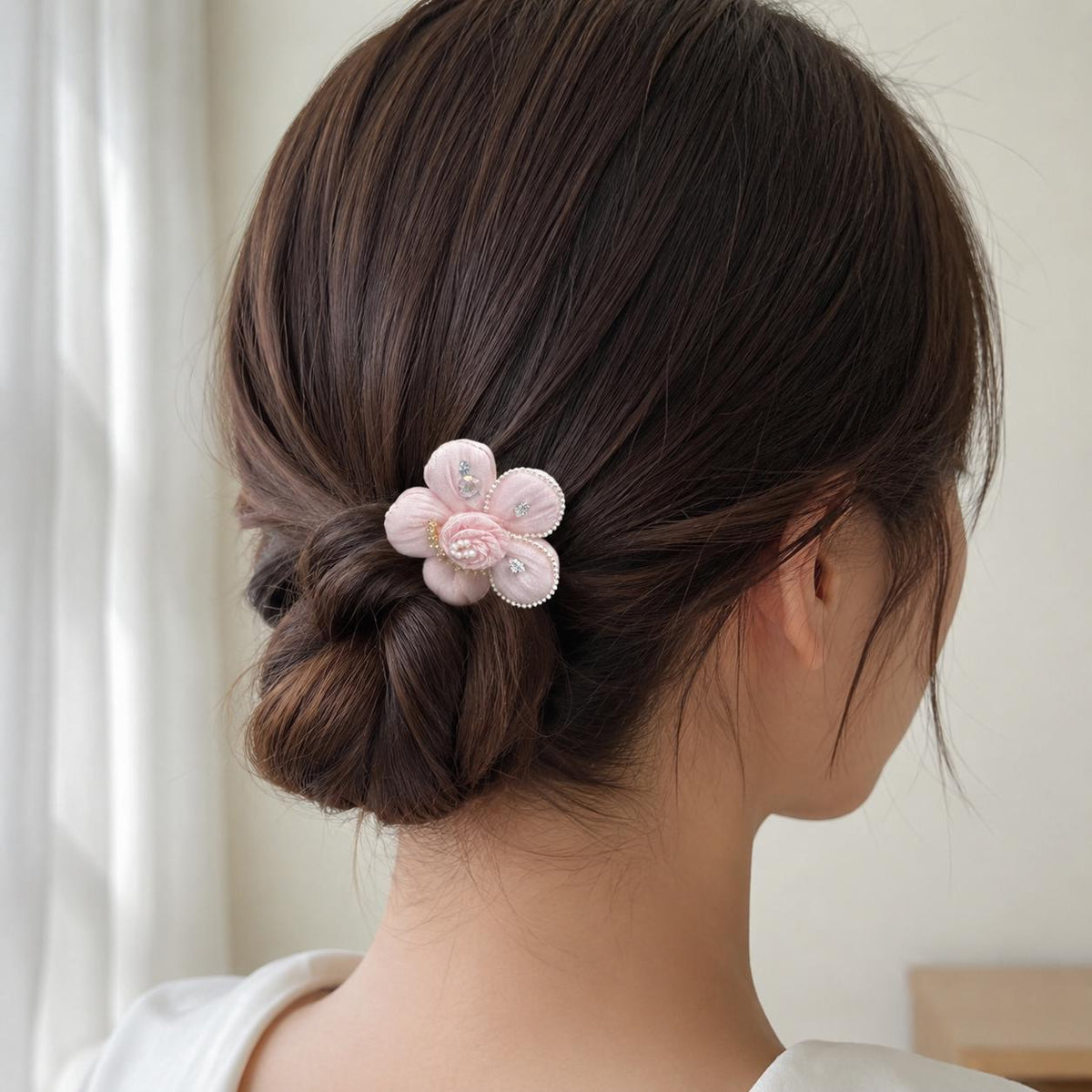 Pink Fabric Flower Hair Clip, Pleated Floral Barrette, Pearl Crystal Coquette Hair Accessory, Gift for Her