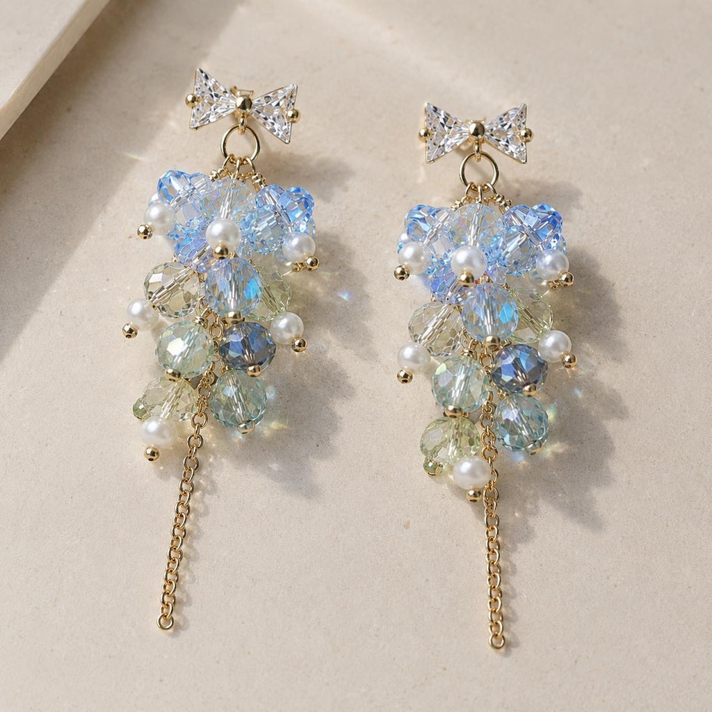 Light Blue Crystal Cluster Earrings, Rhinestone Bowknot Studs, Pearl Tassel Jewelry