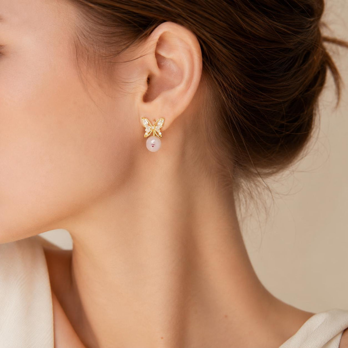 Gold Butterfly Stud Earrings, Marquise Crystal Drop Earrings, Rose Pink Beaded Dangles, Romantic Korean Style Jewelry, Birthday Gift for Her