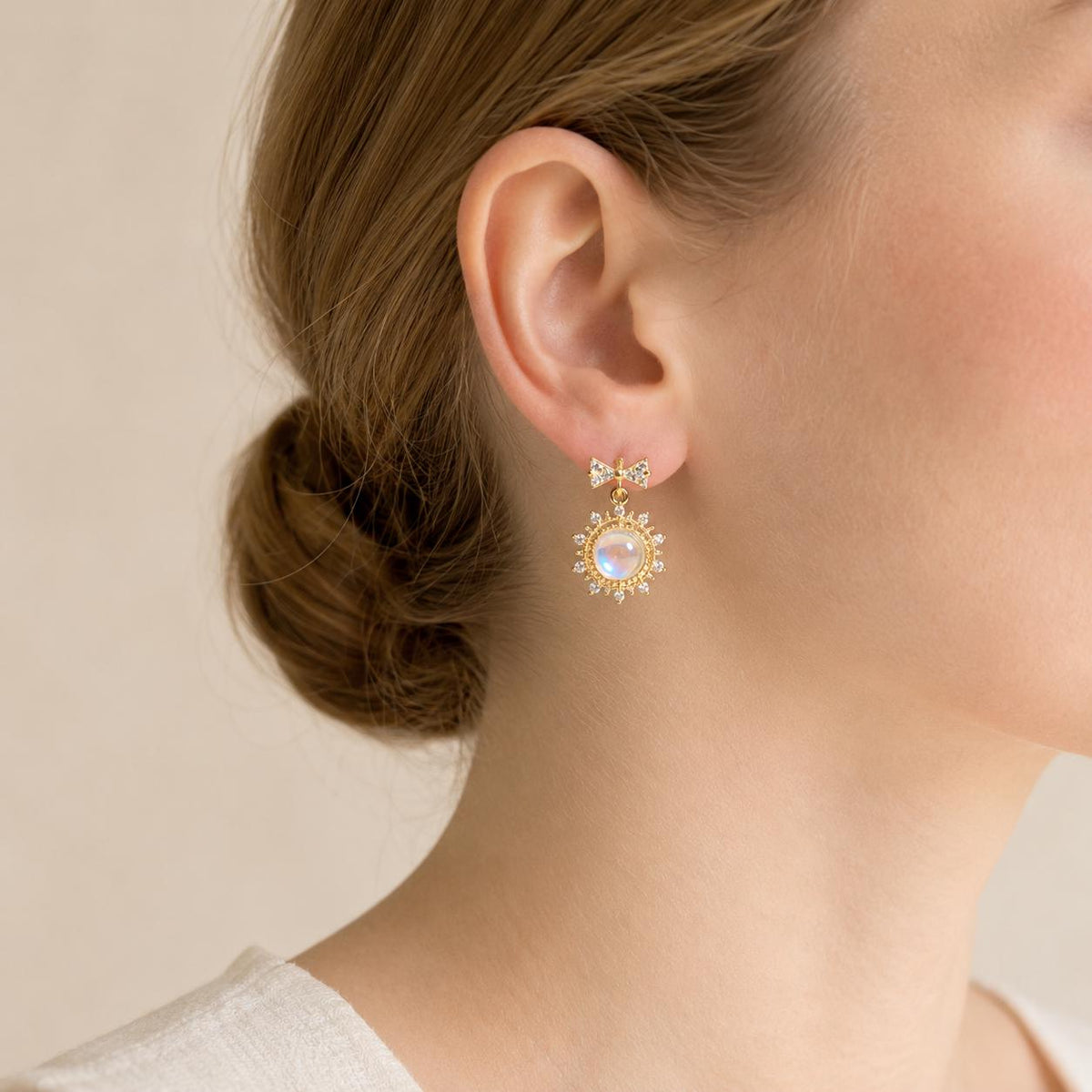 Iridescent Aurora Cabochon Earrings, Gold Bow Stud Earrings, Celestial Sunburst Statement Jewelry, Witchy Gift for Her