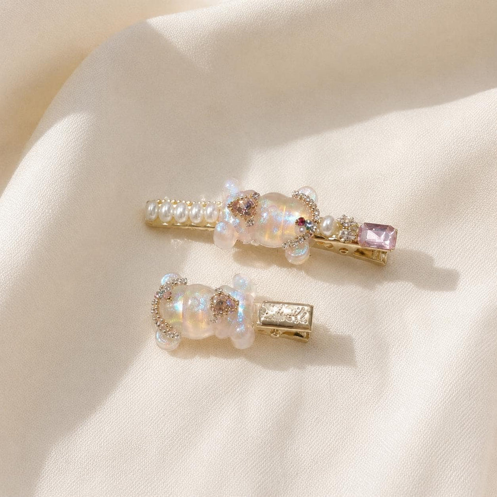 Aurora Teddy Bear Clips, Iridescent Gummy Bear Barrette Set, Pearl Pink Crystal Alligator Pinch, Whimsical Kawaii Coquette Hair Accessories