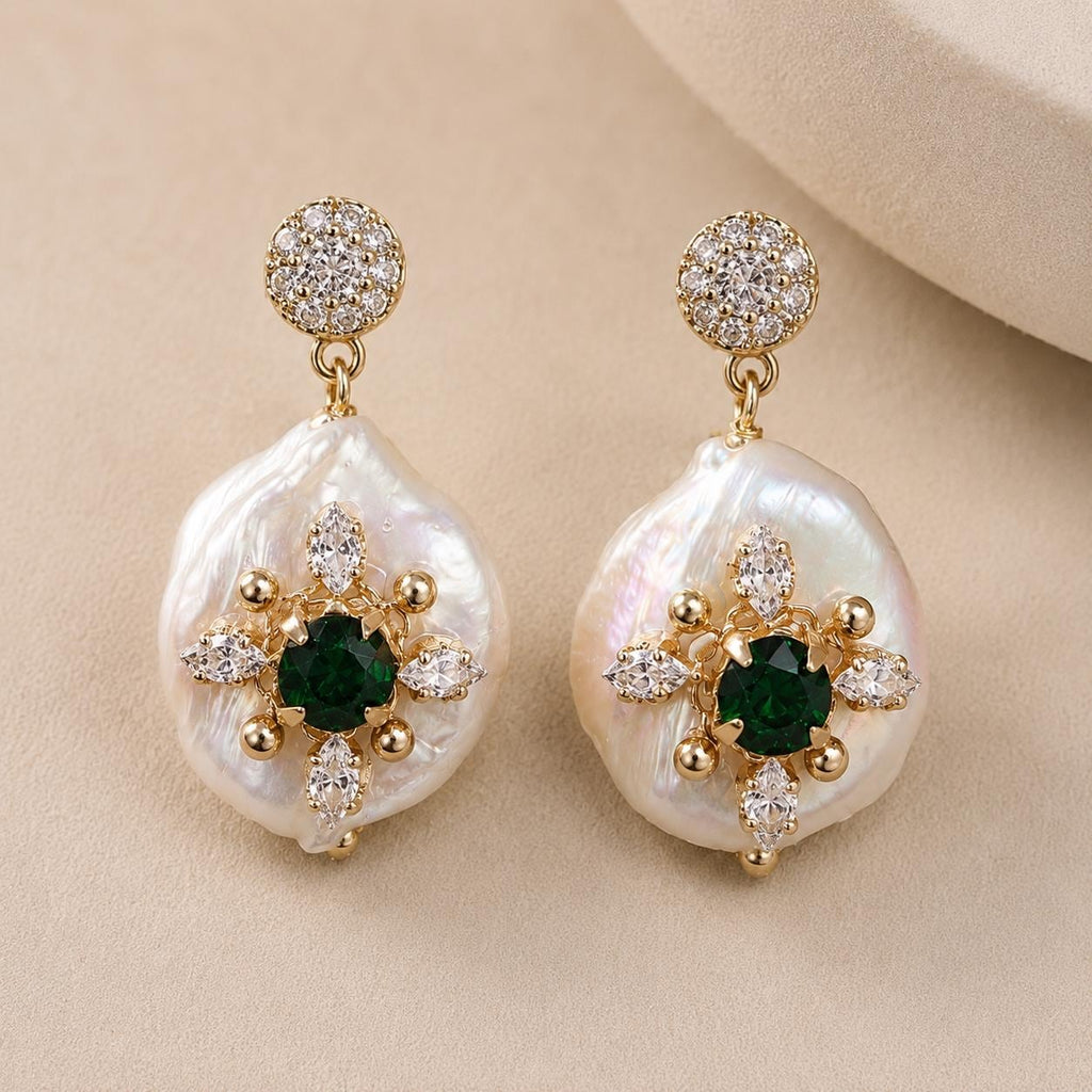 Baroque Pearl Drop Earrings, Emerald Green Crystal Starburst Dangles, Antique Gold Stud Earrings, Vintage Statement Jewelry, Gift for Her