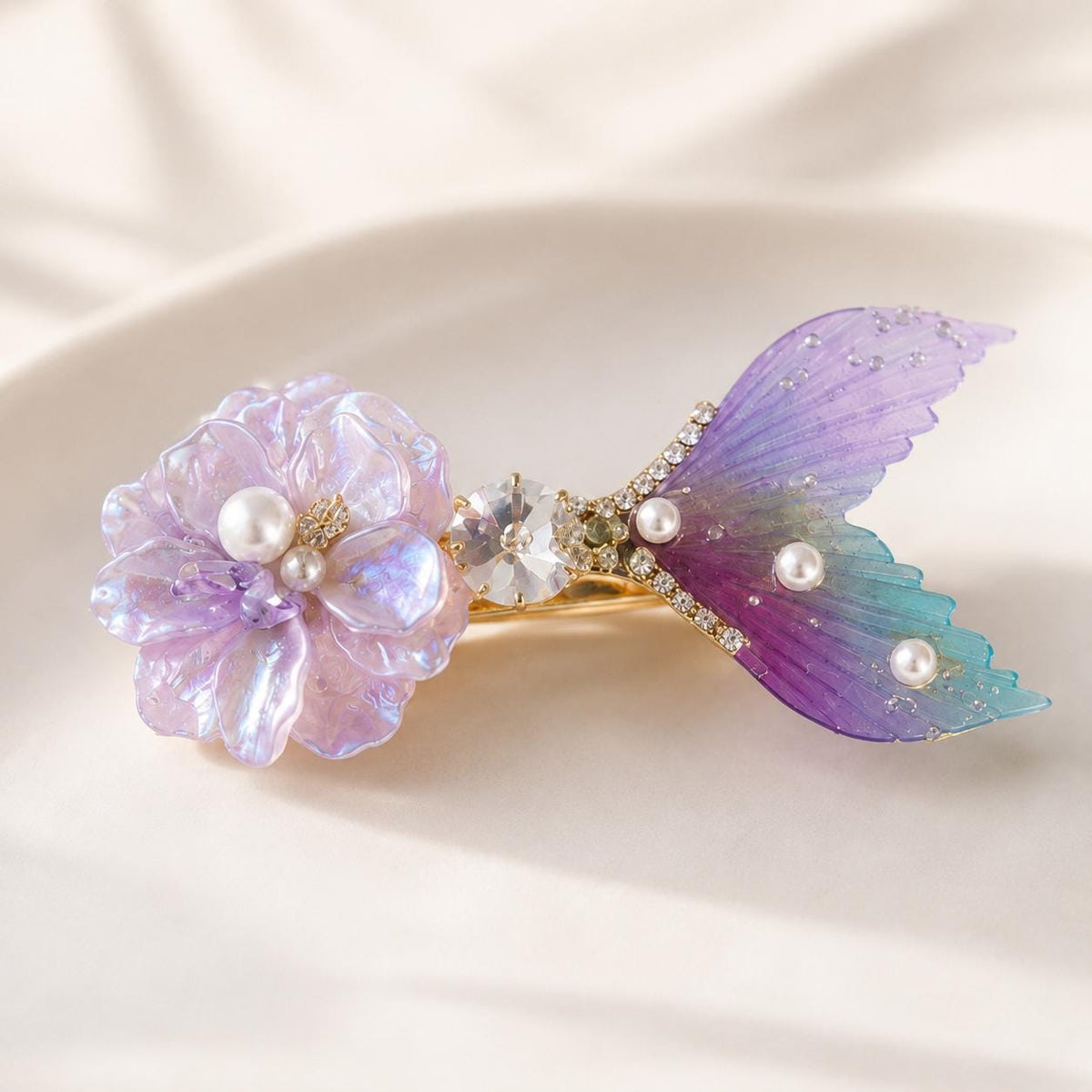 Purple Mermaid Tail Hair Clip, Flower Fish Tail Barrette, Iridescent Pearl Alligator Pinch, Whimsical Pastel Coastal Ocean Hair Accessories