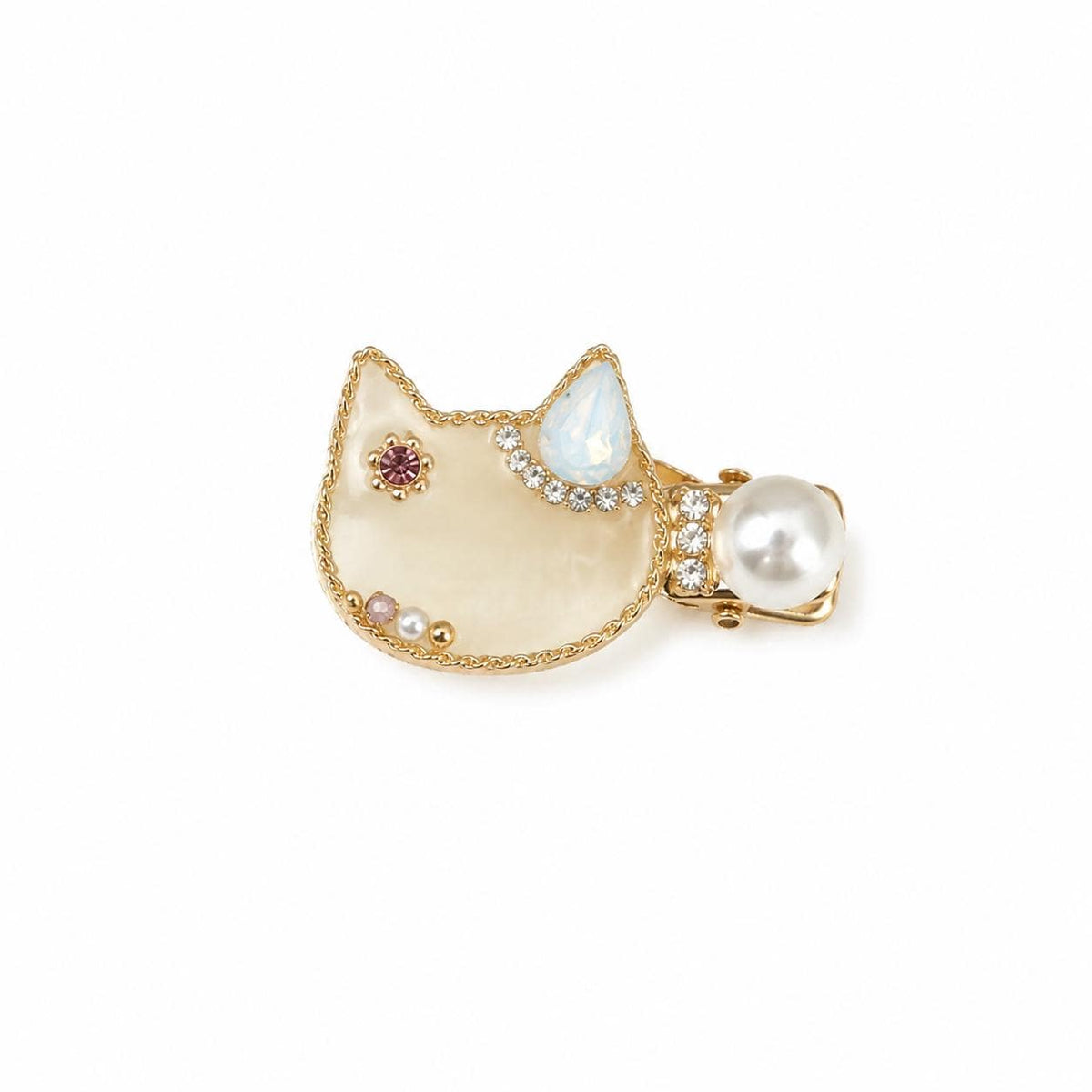 Cream Marble Cat Hair Clip, Opal Crystal Moon, Gold Chain Border, Pearl Alligator Pinch