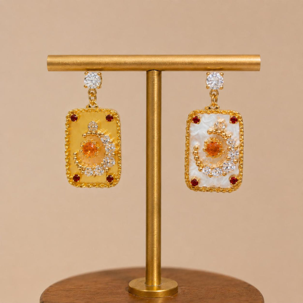 Amber Yellow Mismatched Sun Moon Earrings, Pearl Celestial Dangle Earrings, Baroque Vintage Intaglio Jewelry, Gift for Her