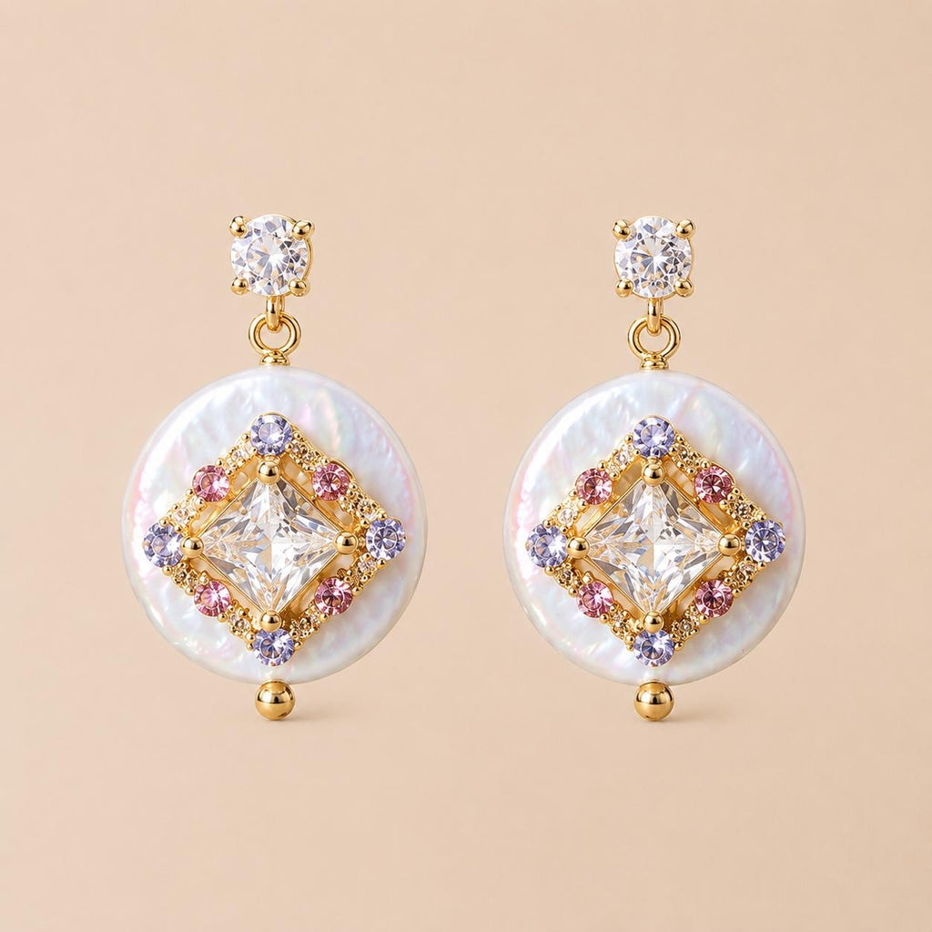 Gold Byzantine Pearl Stud Earrings, Lavender and Pink Crystal Halo Dangles, Art Deco Geometric Statement Jewelry, Gift for Her