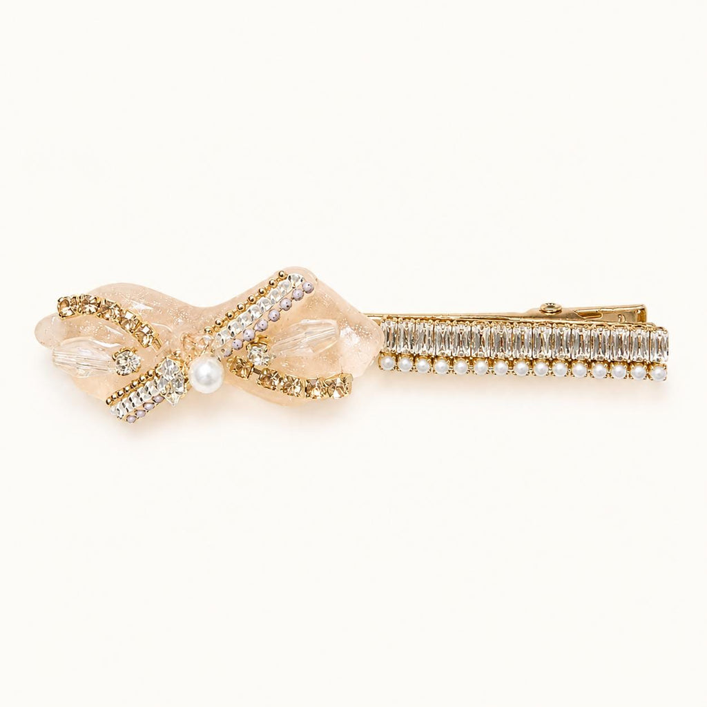 Champagne Shimmer Bow Hair Clip, Baguette Crystal Pearl Barrette, Balletcore Coquette Hair Accessory, Gift for Her