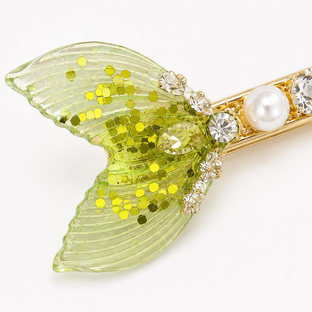 Lime Green Mermaid Tail Hair Clip, Glitter Fish Tail Barrette, Chrysolite Crystal Alligator Pinch, Whimsical Coastal Ocean Jewelry