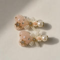 Peach Heart Lace Hair Clips Set of 2, Pearl Bow Barrettes, Beaded Coquette Hair Accessories, Gift for Her