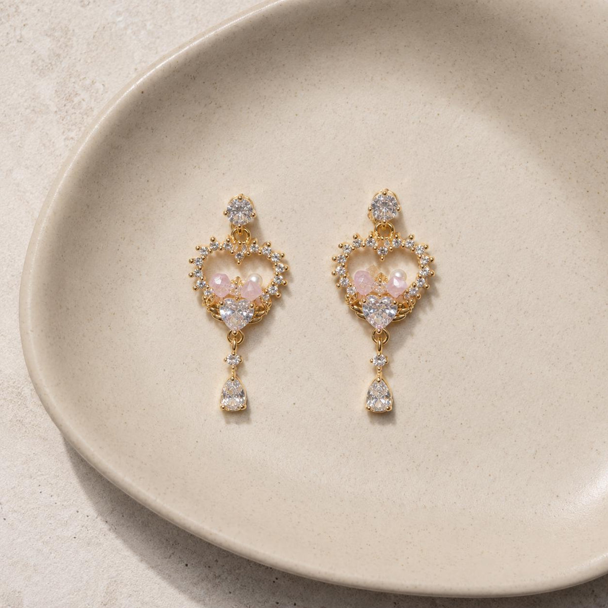 Double Heart Crystal Earrings, Romantic French Coquette Dangles, Sparkling Heart Jewelry, Gift for Her