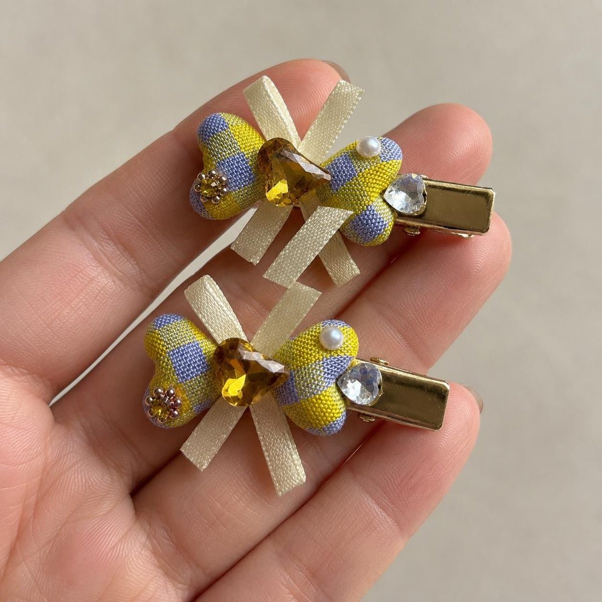 Pastel Gingham Bow Hair Clips Set of 2, Yellow Purple Plaid Barrettes, Crystal Heart Alligator Clips, Gift for Her
