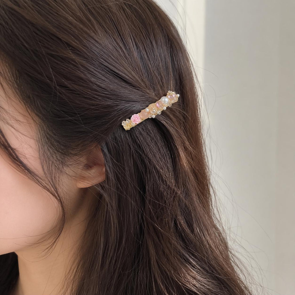 Gold Floral Pearl Hair Clip, Pink Rose Crystal Barrette, Romantic Coquette Hair Accessory, Gift for Her