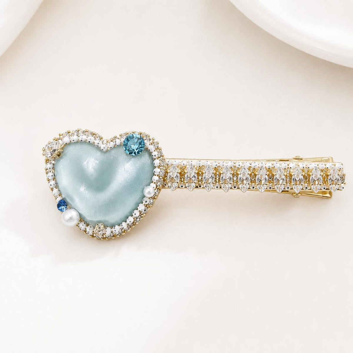 Mint Blue Heart Hair Clip, Marquise Crystal Barrette, Blue Gem Alligator Clip, Coquette Hair Accessory, Gift for Her