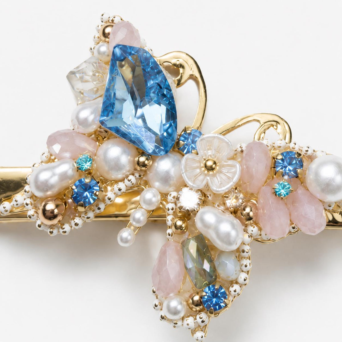 Blue Crystal Butterfly Hair Clip, Pastel Floral Fairycore Barrette, Whimsical Elven Accessory