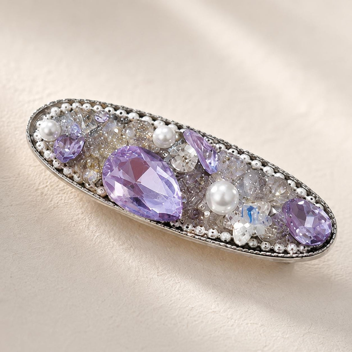 Purple Crystal Barrette, Amethyst Resin Hair Clip, Oval Silver Mosaic Alligator Pinch, Whimsical Vintage Elven Fairycore Hair Accessories