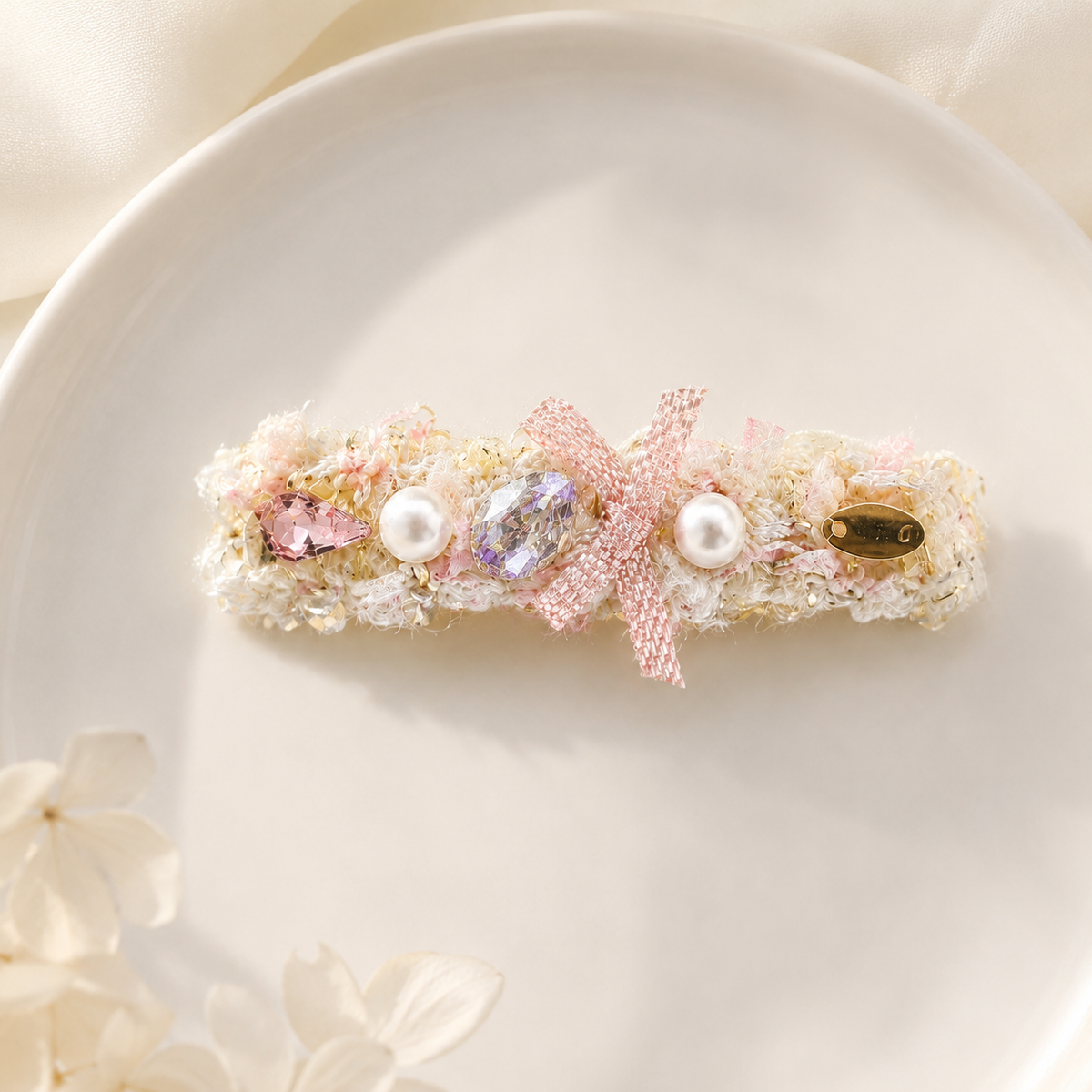 Blush Tweed Bow Hair Clip