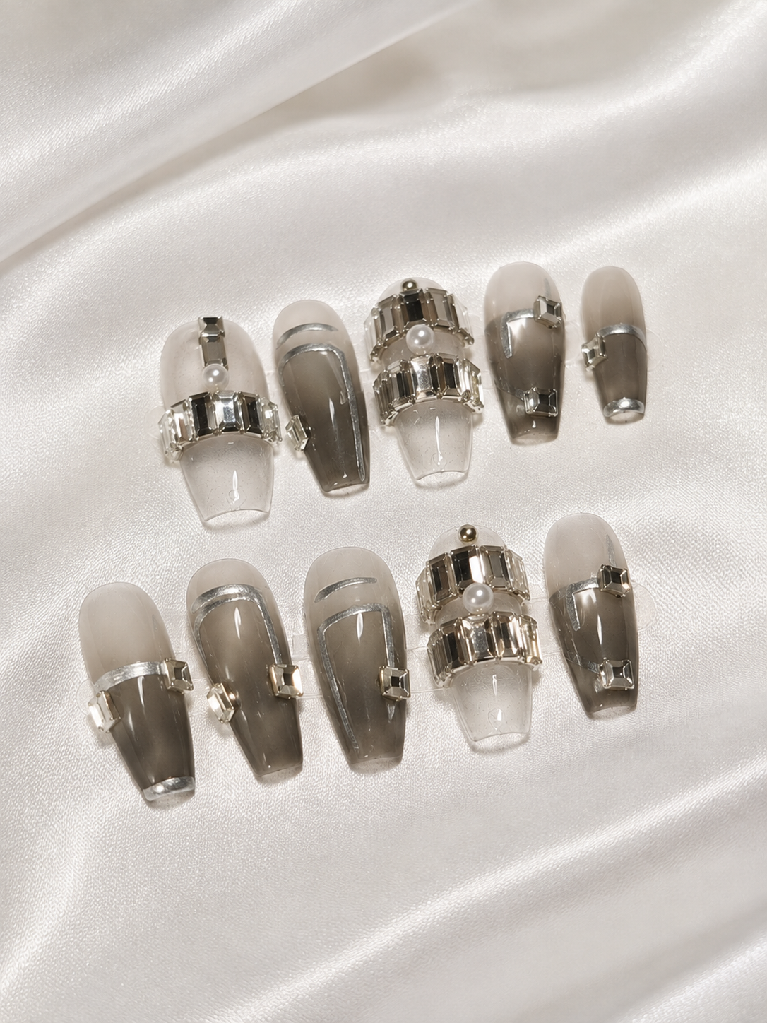 Crystal Edge – Smoky Grey Rhinestone Press-On Nails NO.16