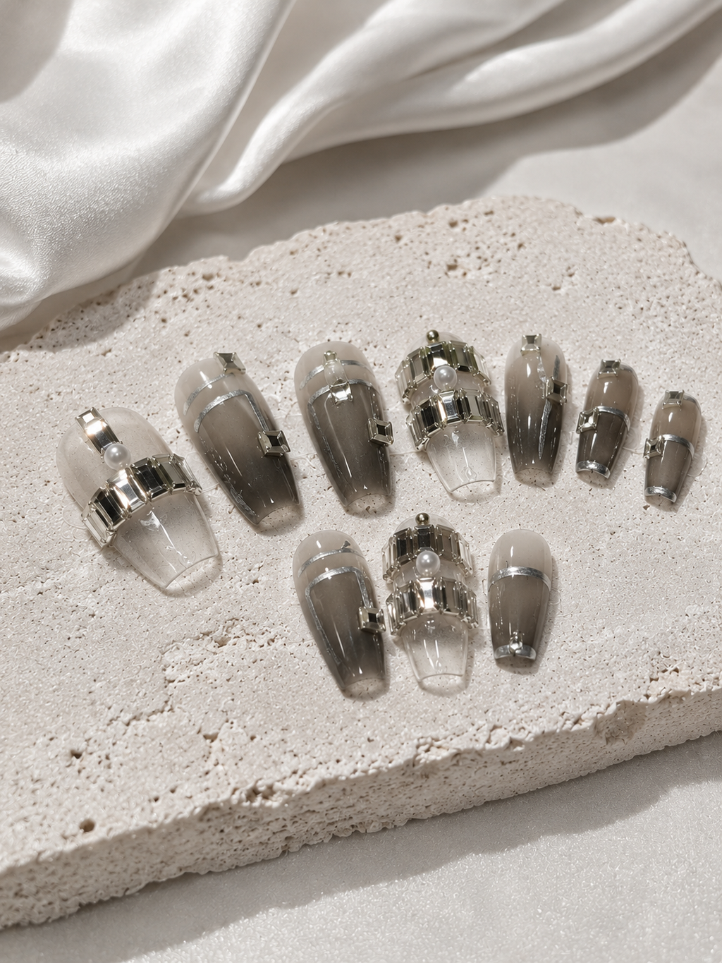 Crystal Edge – Smoky Grey Rhinestone Press-On Nails NO.16