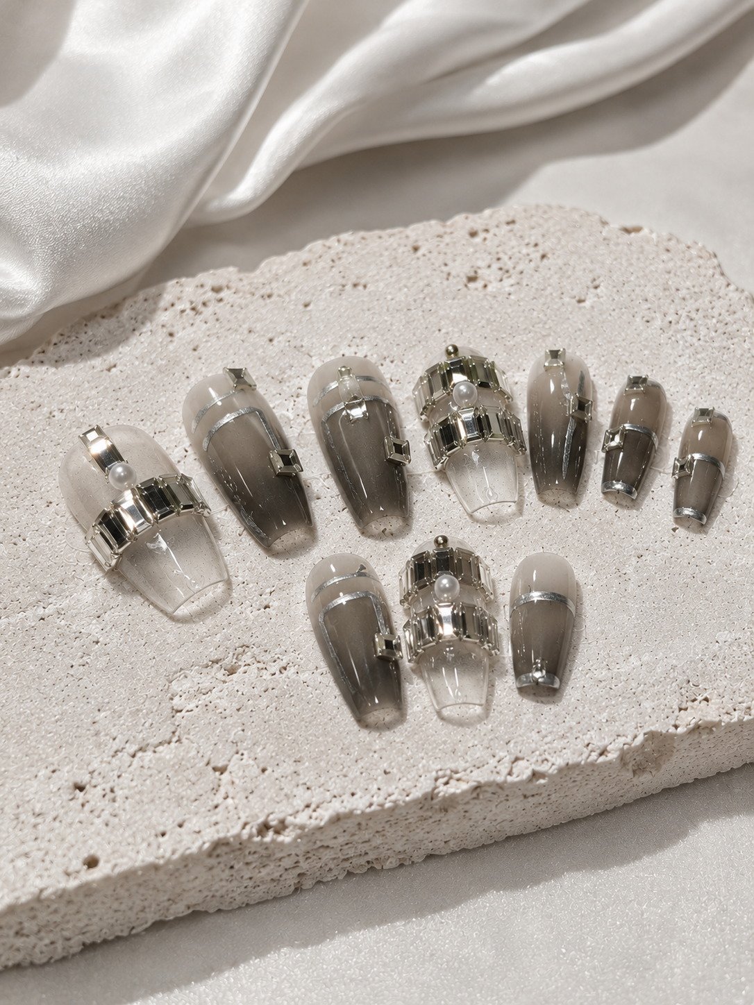 Crystal Edge – Smoky Grey Rhinestone Press-On Nails NO.16