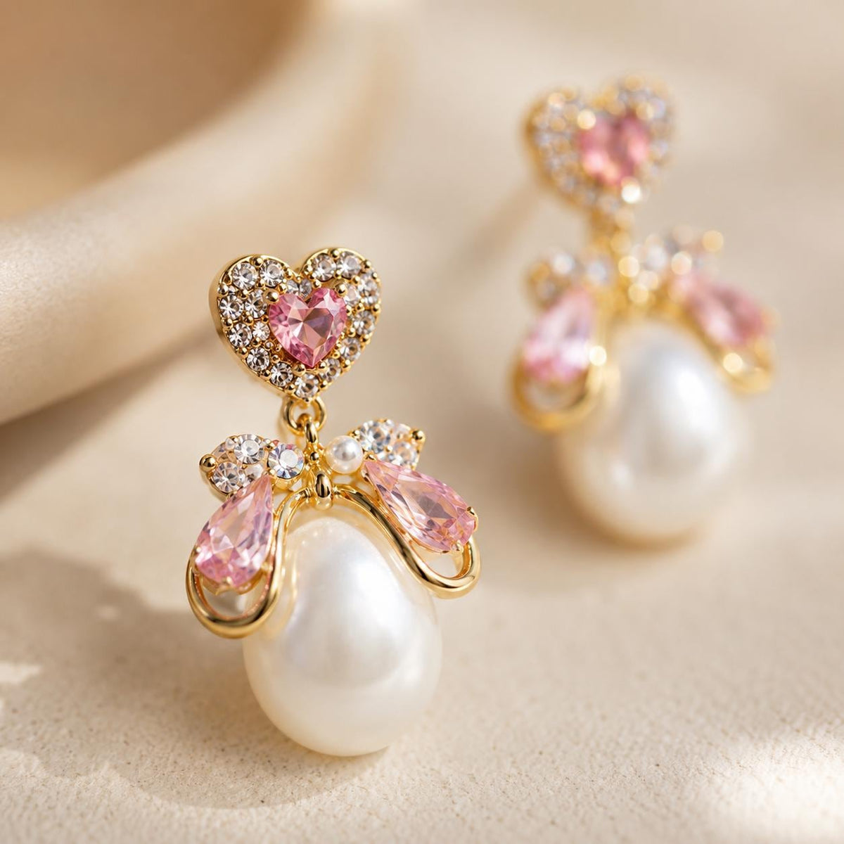 Pink Heart Crystal Bowknot Pearl Dangle Earrings, Balletcore Coquette Statement Jewelry