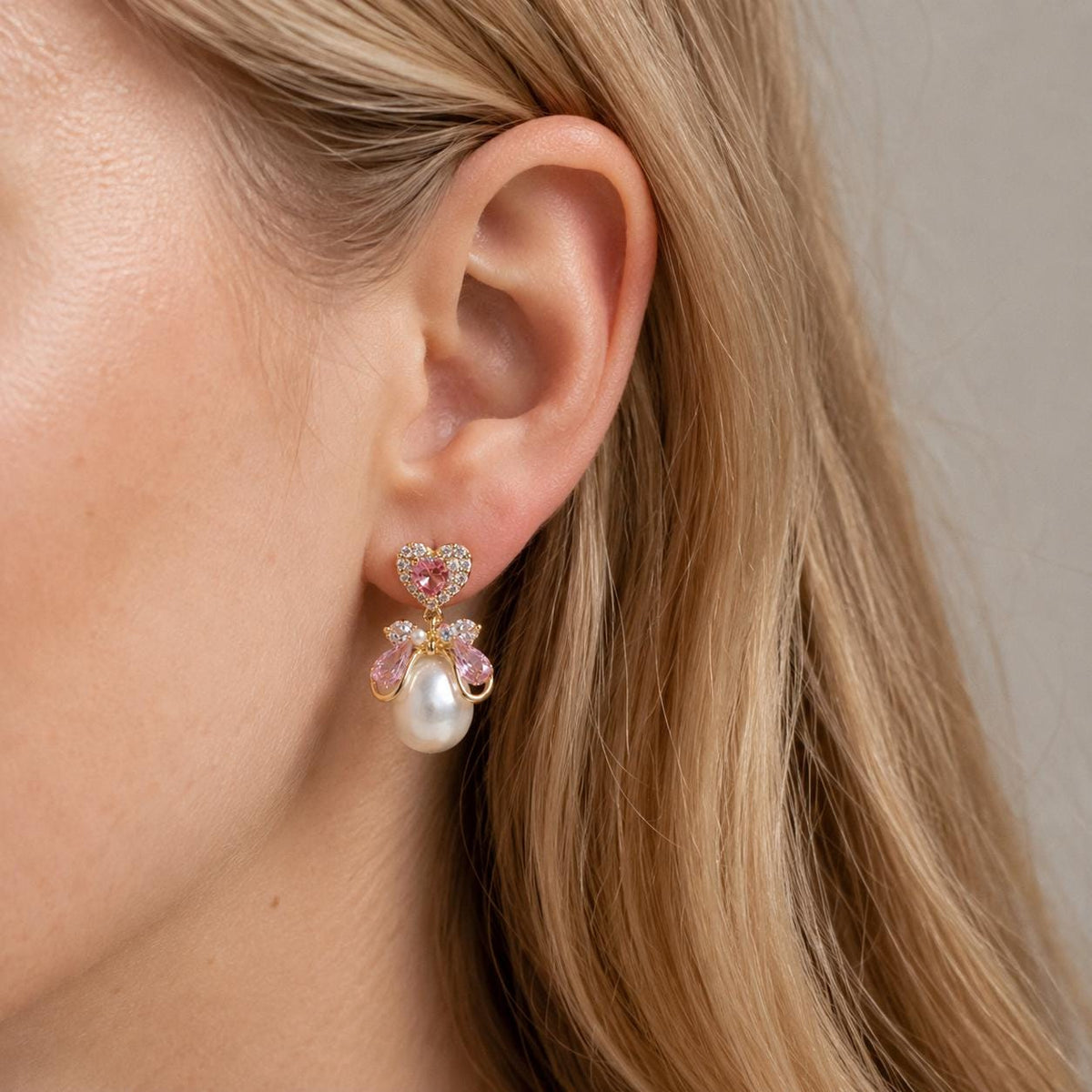 Pink Heart Crystal Bowknot Pearl Dangle Earrings, Balletcore Coquette Statement Jewelry
