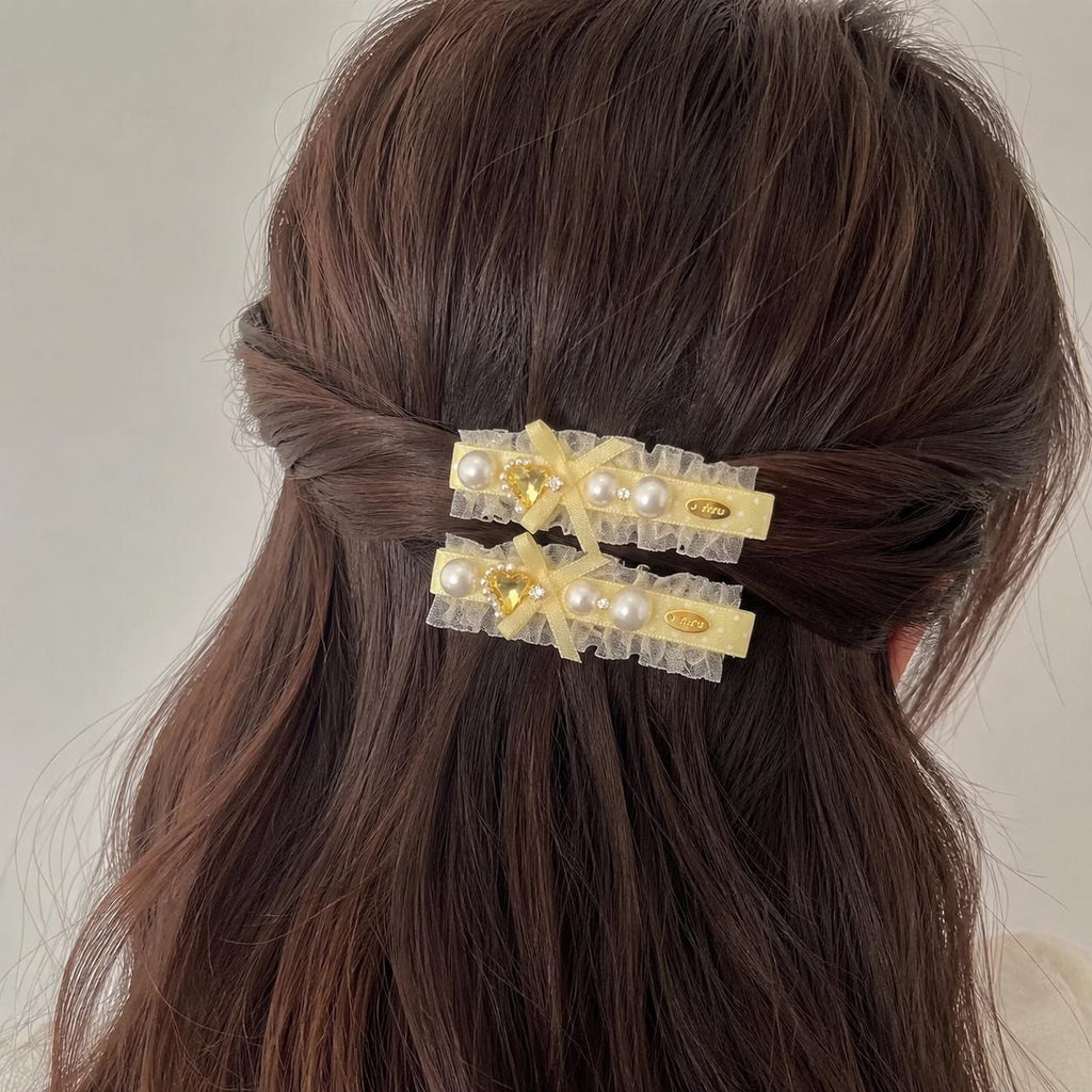 Yellow Lolita Bow Hair Clips, Pastel Lace Barrette Set, Crystal Heart Pearl Alligator Clips, Balletcore Hair Accessories, Gift for Her