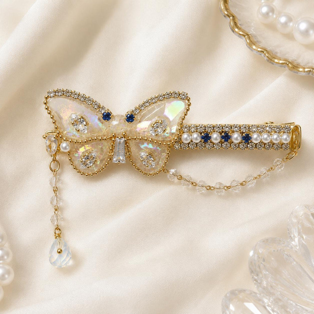 Aurora Butterfly Hair Clip, Royal Blue Crystal Barrette, Pearl Chain Fairycore Hair Accessory, Gift for Her