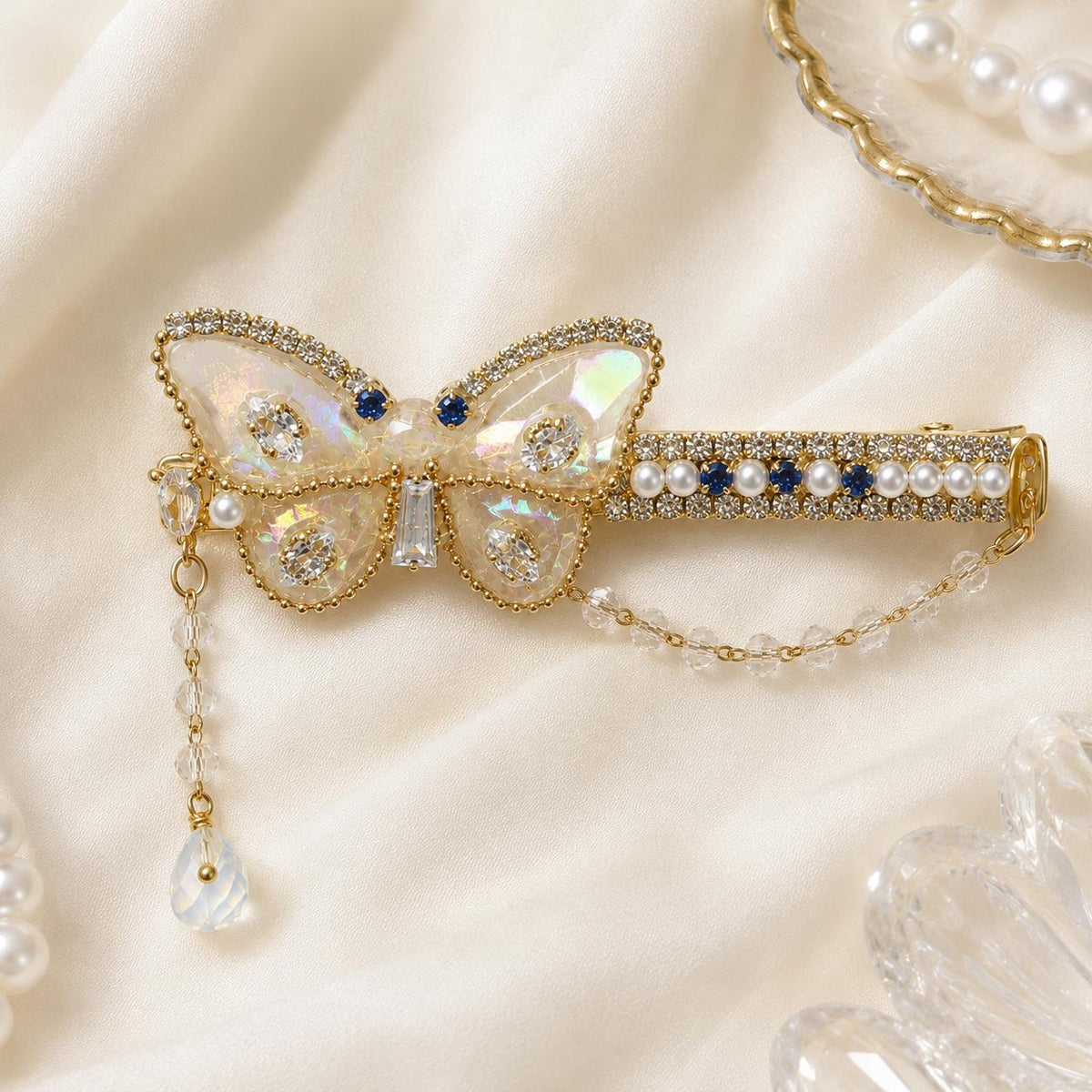 Aurora Butterfly Hair Clip, Royal Blue Crystal Barrette, Pearl Chain Fairycore Hair Accessory, Gift for Her