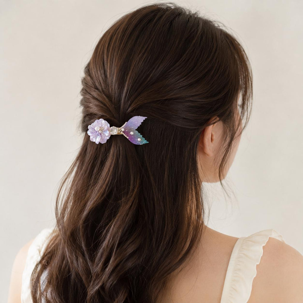 Purple Mermaid Tail Hair Clip, Flower Fish Tail Barrette, Iridescent Pearl Alligator Pinch, Whimsical Pastel Coastal Ocean Hair Accessories
