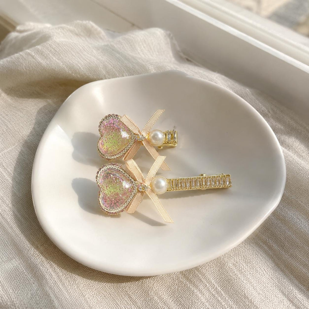Gold Glitter Heart Bow Hair Clip Set, Baguette Crystal Barrettes, Pearl Alligator Clips, Cute Coquette Hair Accessories, Gift for Her