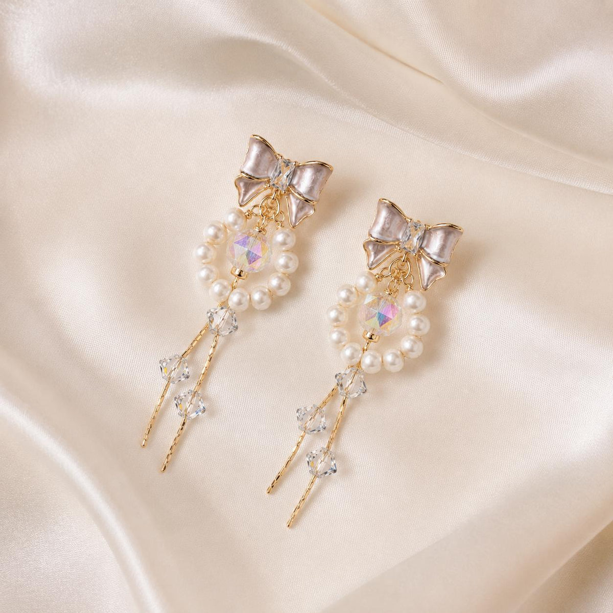 Pearl Bowknot Tassel Earrings, Aurora Crystal Dangle, French Balletcore Ribbon Jewelry