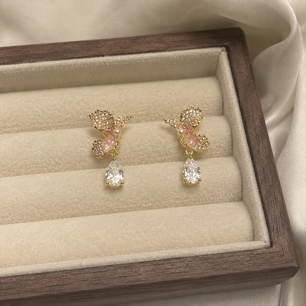 Gold Crystal Hummingbird Drop Earrings, Dainty Teardrop Stone Earrings, Minimalist Nature Jewelry, Bird Lover Gift for Her