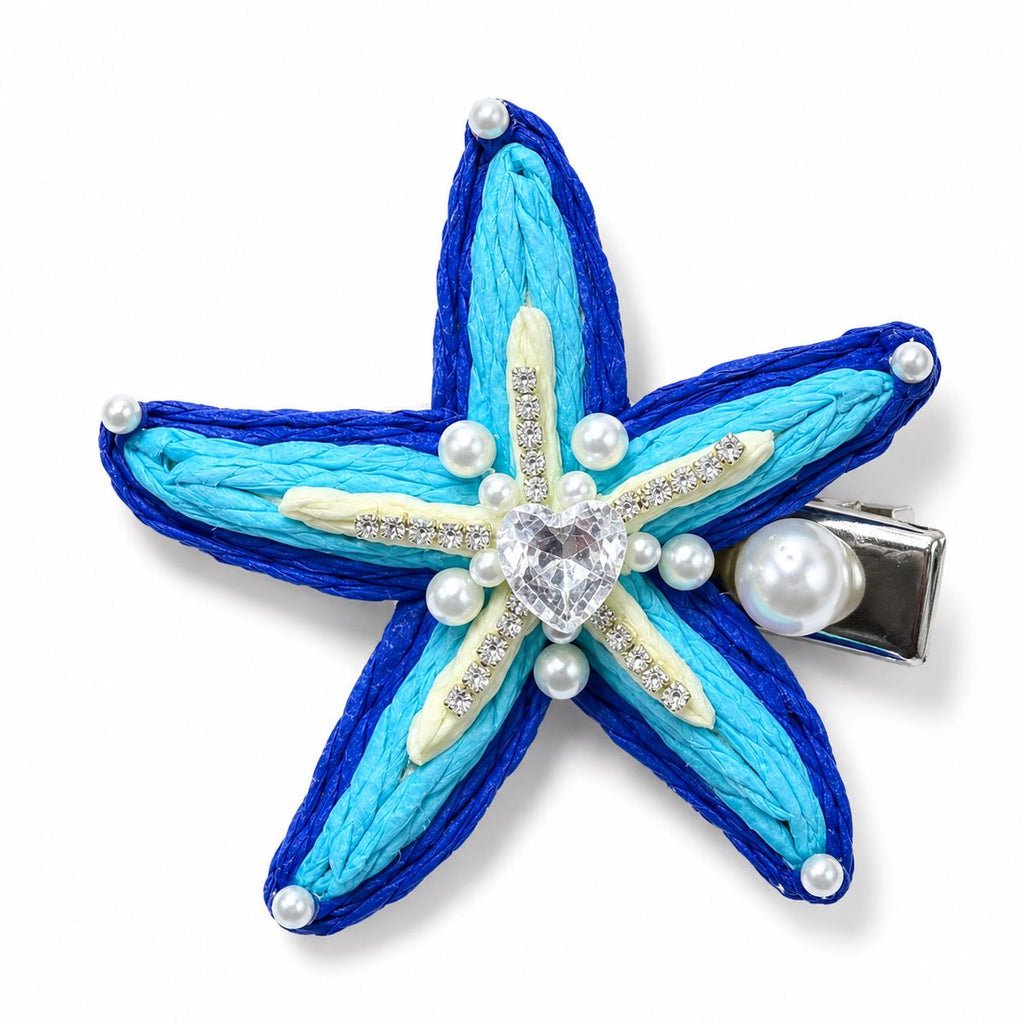 Blue Starfish Hair Clip, Crystal Heart Pearl Hair Barrette, Coastal Ocean Hair Accessory, Beach Gift for Her