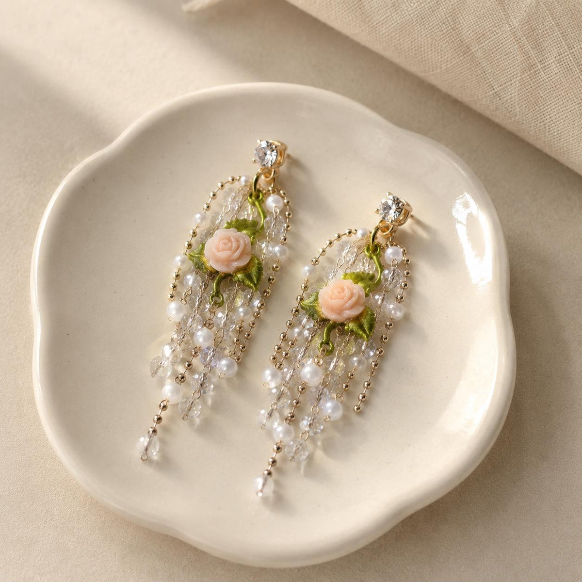 Pink Rose Flower Chandelier Earrings, Pearl Tassel Dangle Earrings, Victorian Garden Statement Jewelry, Romantic Gift for Her