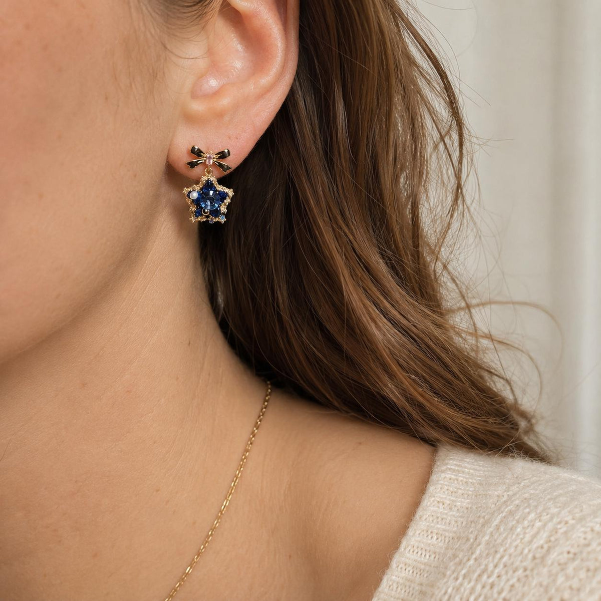 Black Bowknot Star Earrings, Royal Blue Crystal Dangle, Vintage Gold Starburst Statement Studs