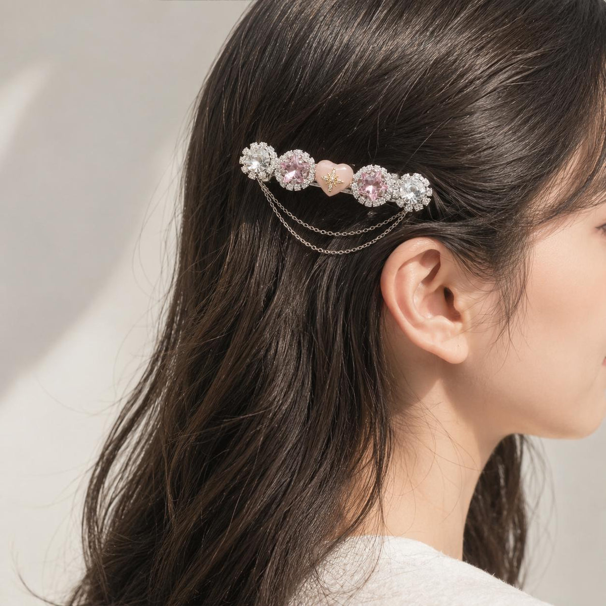 Pink Heart Star Hair Clip, Silver Chain Barrette, Pastel Rhinestone Medallion Pinch, Whimsical Y2K Celestial Magical Girl Accessories